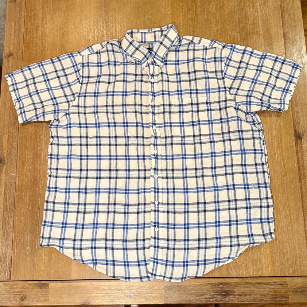 Brooks Brothers Baird McNutt Irish Linen Short Sleeve Shirt Wht Blu Plaid Sz 1XL